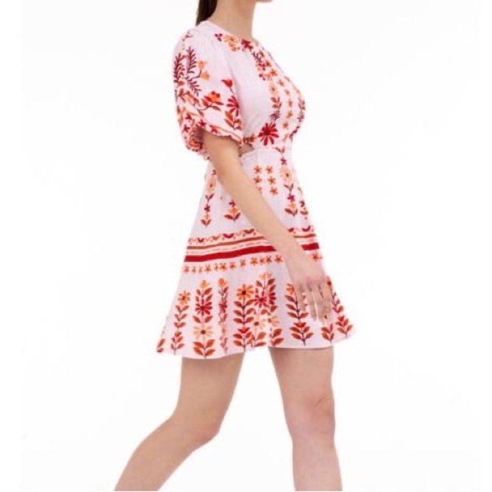 BANJANAN Kelly Dress Pink Floral Cut Out Sides Linen Size Small XS
